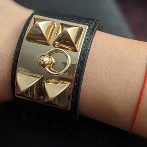 black leather gold metal buckle lock chain bracelet rock goth celebrity bangle